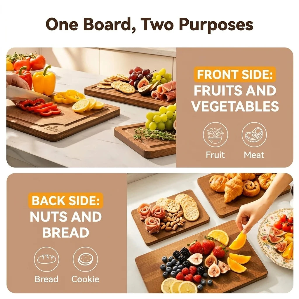 3-Piece Bamboo Cutting Boards (S/M/L), Juice Grooves & Non-Slip Handles