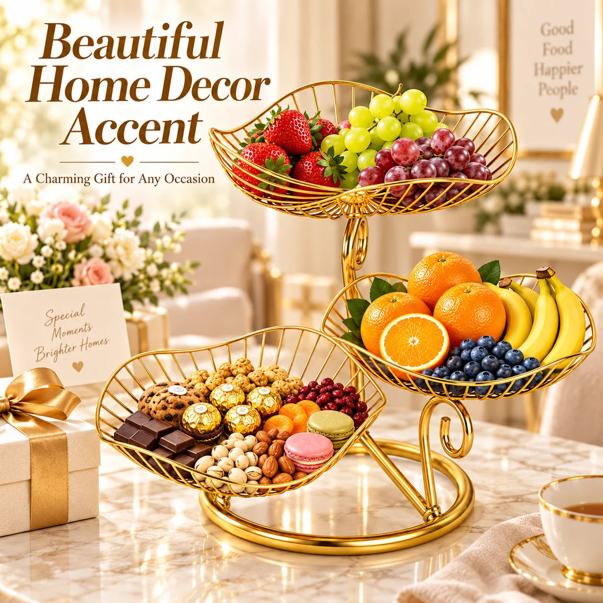 3-Tier Gold Metal Fruit Basket Stand,