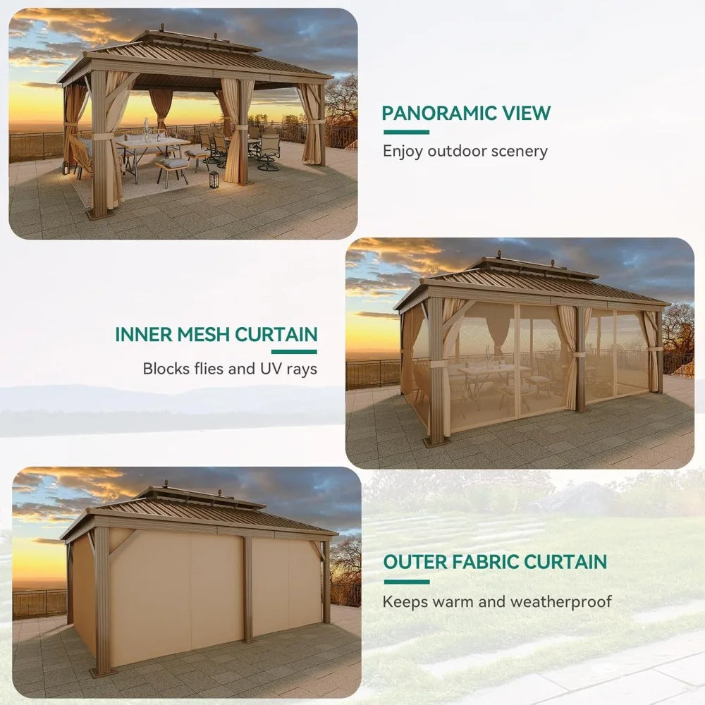 Gazebo 12x18ft Hardtop Heavy Duty Double Roof Outdoor Upgraded Galvanized w/Nettings Curtains Steel Combined of Horizontal Vert