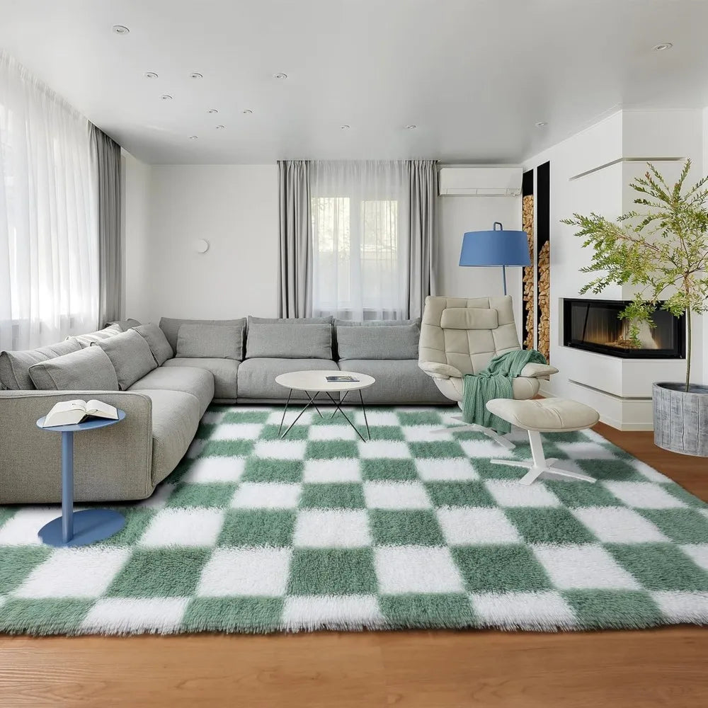 5x8 Green and White, Fluffy Furry Shaggy Fuzzy Checkered