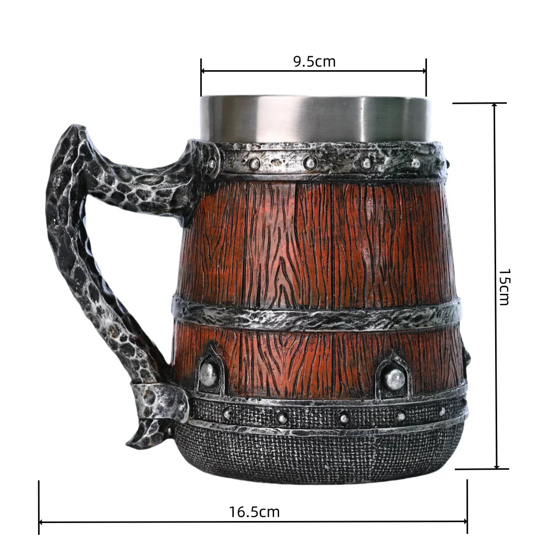 Viking Imitation Wood Resin Beer Mug -Handmade Stainless Steel Line