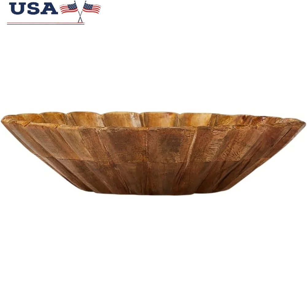 Boho Carved Wood Bowl Scalloped Edge Food Safe Mango Wood Decorative Centerpiece Modern Scandinavian Design 8 Inch