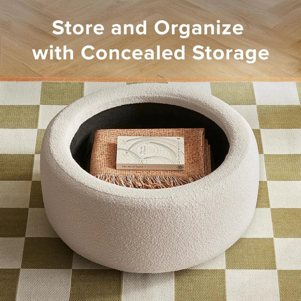 Luna Round Ottoman with Storage and Tray, Round Coffee Table