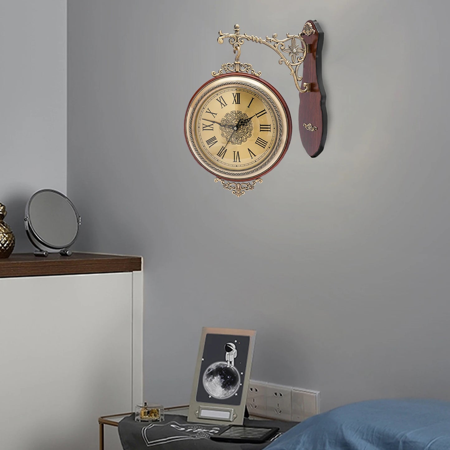 Vintage Double Sided Wall Clock Brown Round