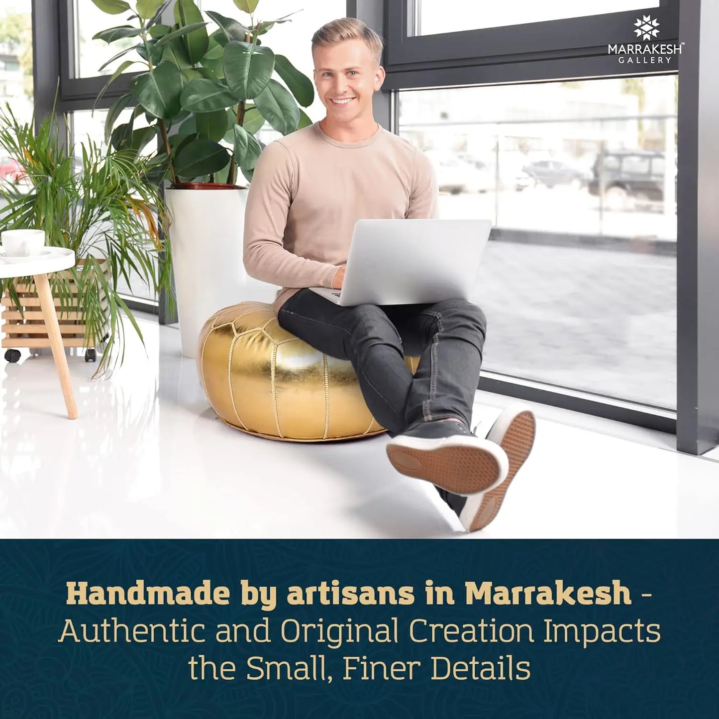 Handmade Moroccan Round Pouf Ottoman Cover - Faux Leather, Unstuffed