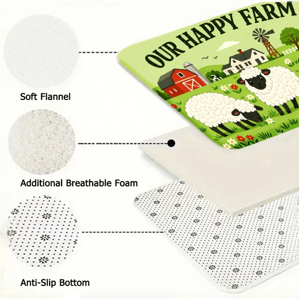 3PCS Kitchen Rugs,Home Decoration for Front Door, Kitchen, Bathroom, Our Happy Farm Sheep Barn Field Dining Mat