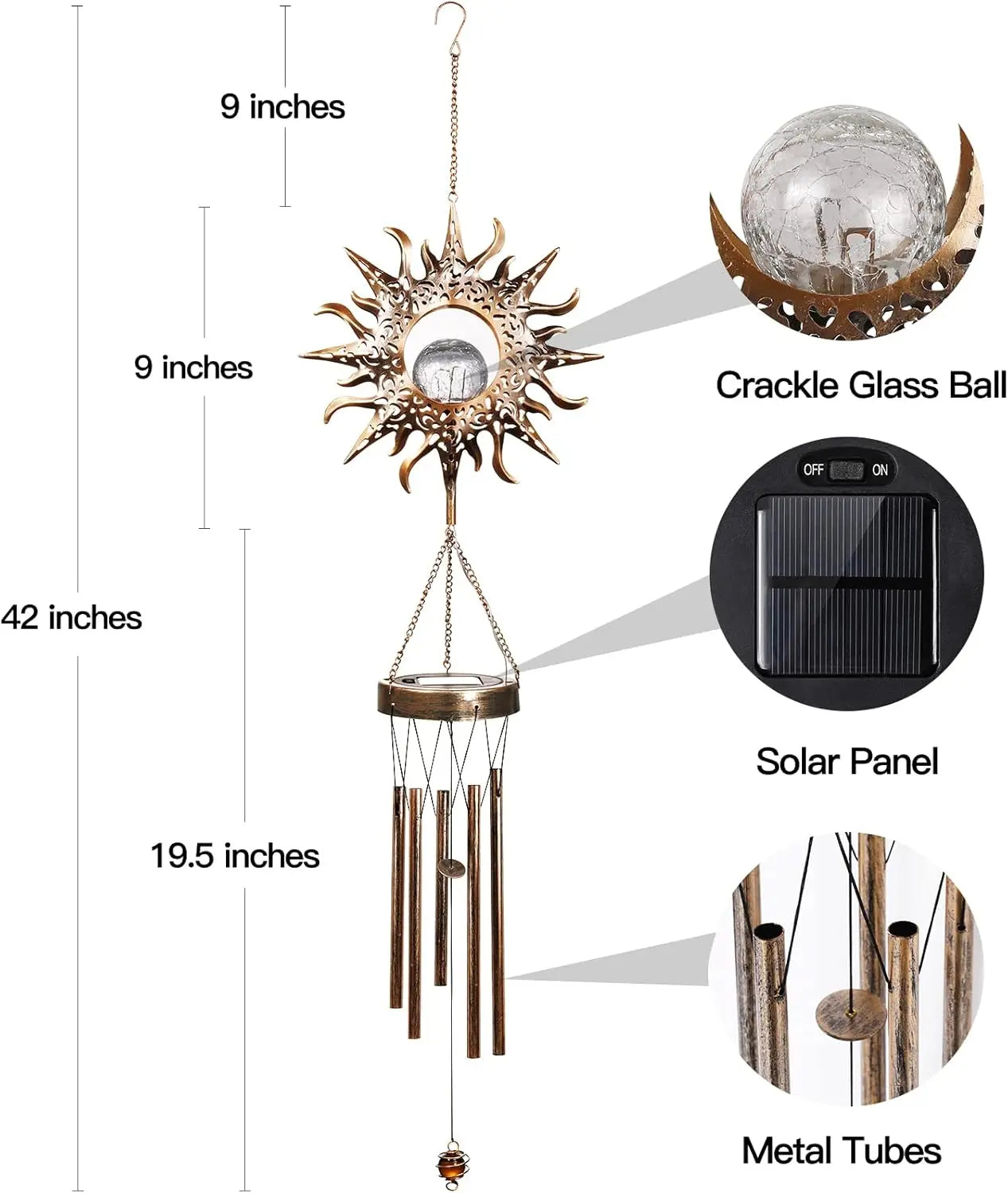 Solar Sun Wind Chimes, 42" Waterproof LED Glass Bells