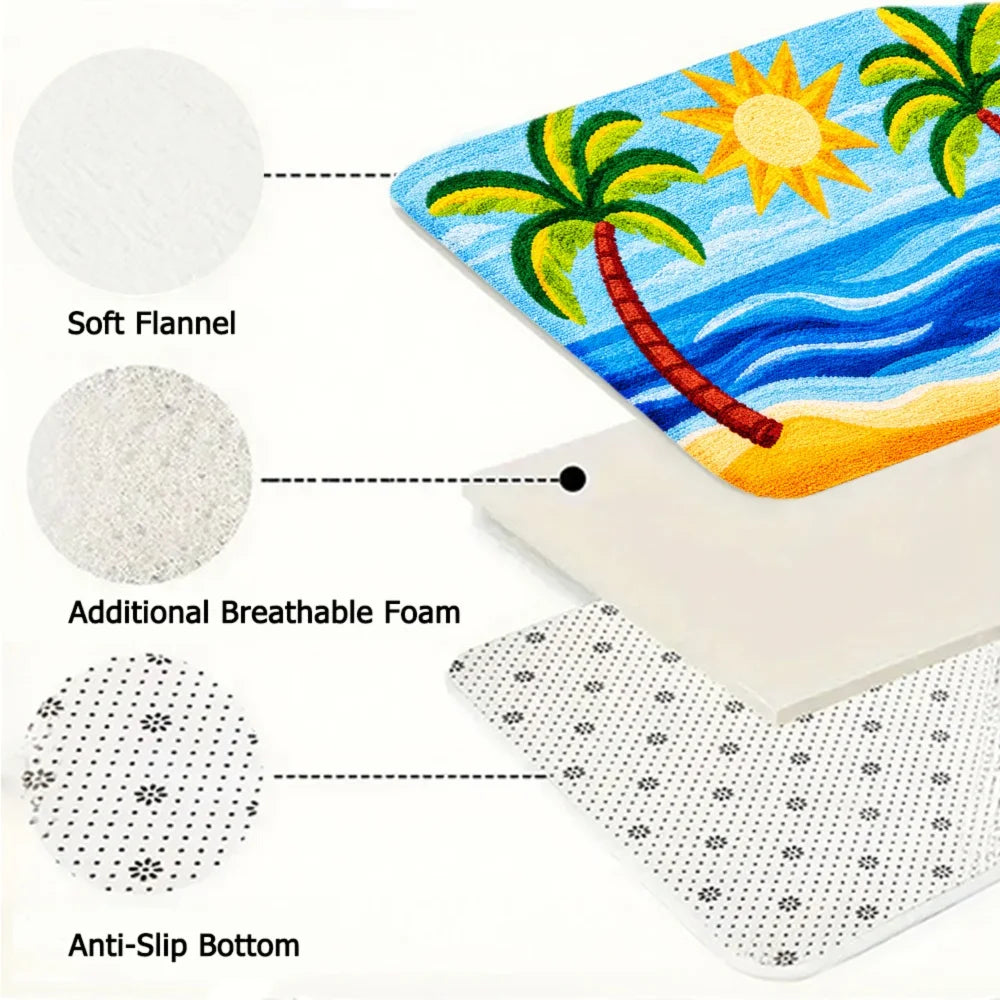 3PCS Rugs,Tropical Palm Tree Sun And Ocean Waves Pattern Dining Mat