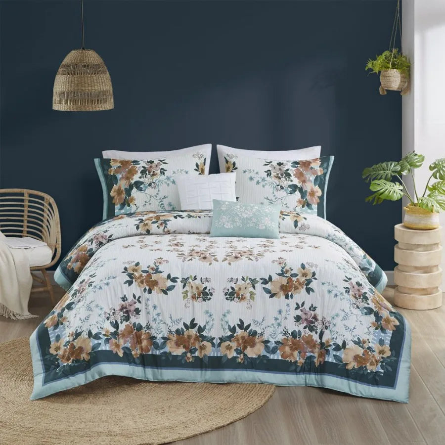 5 Piece Cn Floral Comforter Set with Throw Pillows