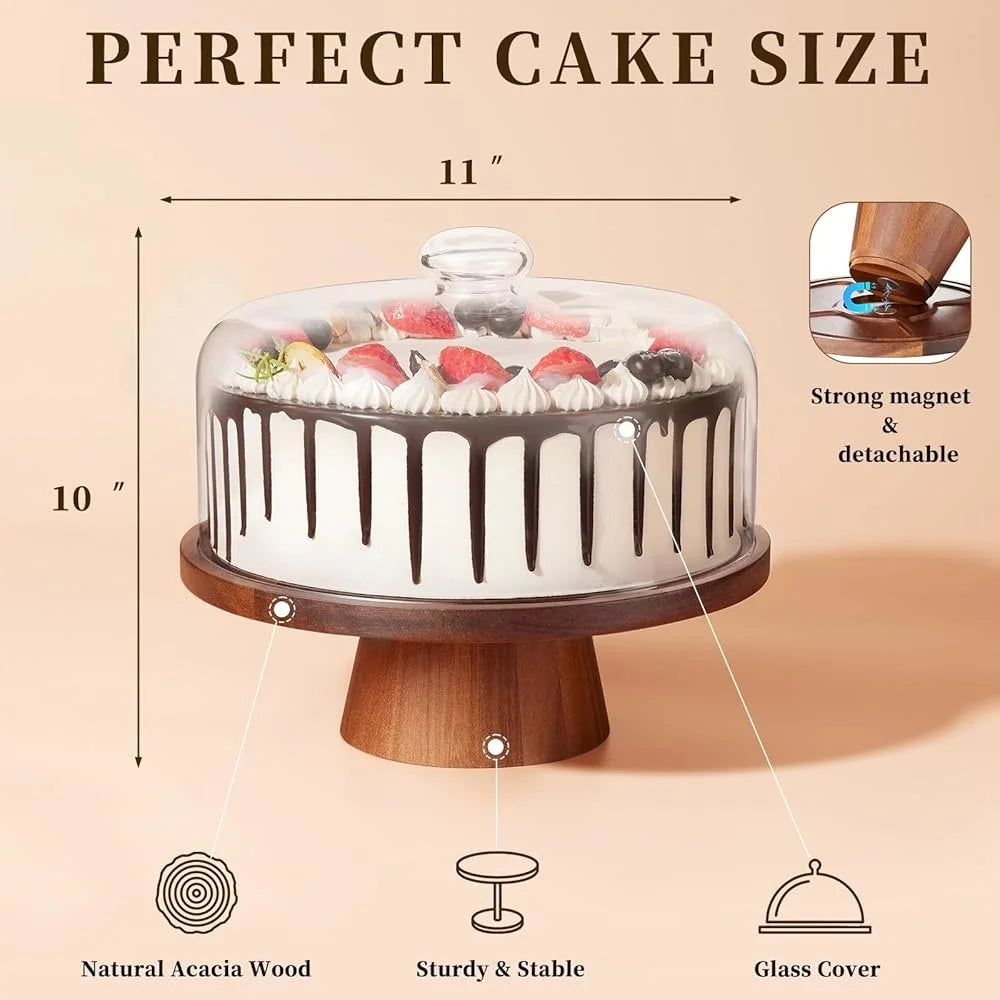 2-in-1 Wooden Glass Cake stand Dome Lid Charcuterie Board