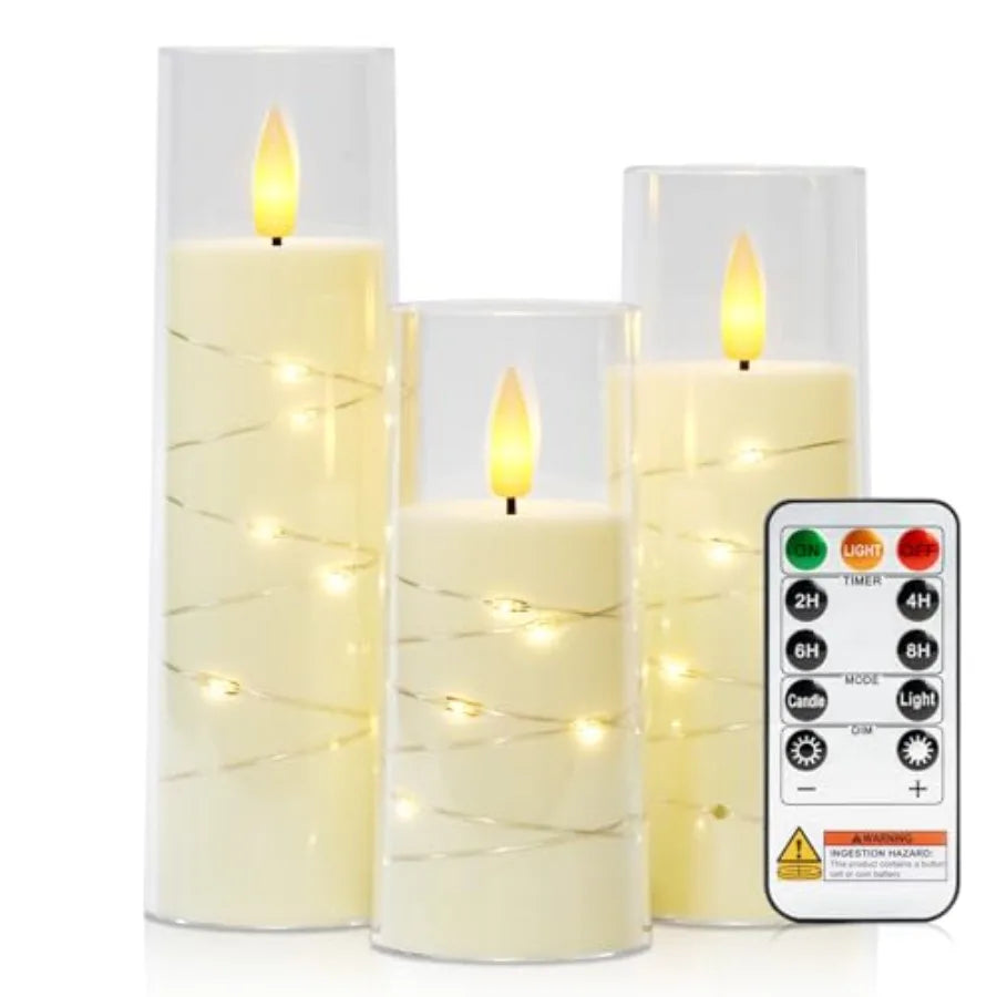 Flameless Candle with Remote Timer, 3 Flickering Acrylic Battery Operated LED