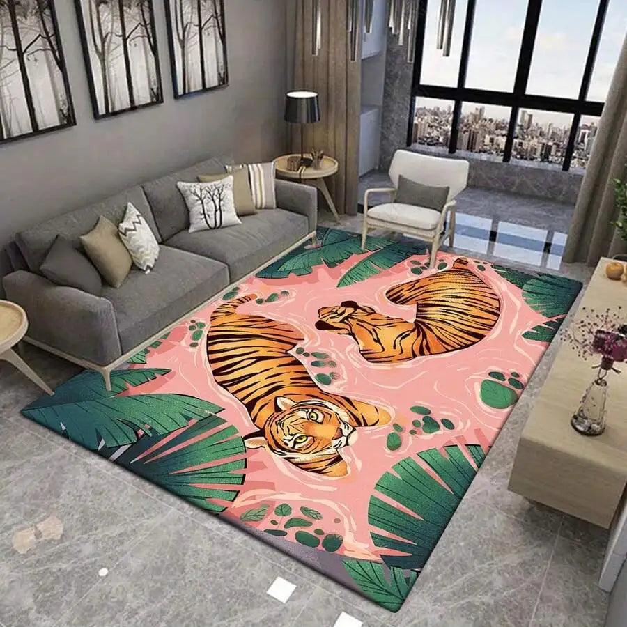 Pink Tiger Floral Pattern Flannel Rug, 2D Digital Print, Non-Slip