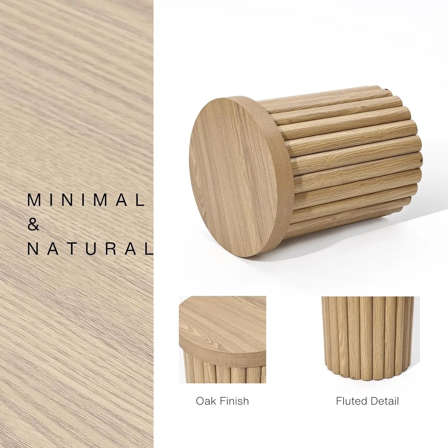 Wood Round Side Table, 19" Fluted End Table