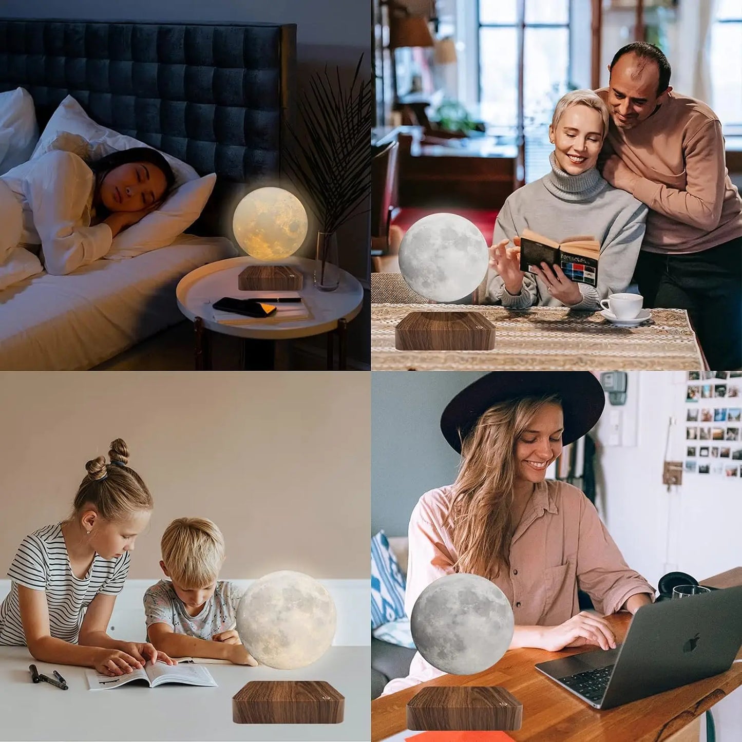 Magnetic Floating Moon with Wooden Base, 3 Color LED Night Lights