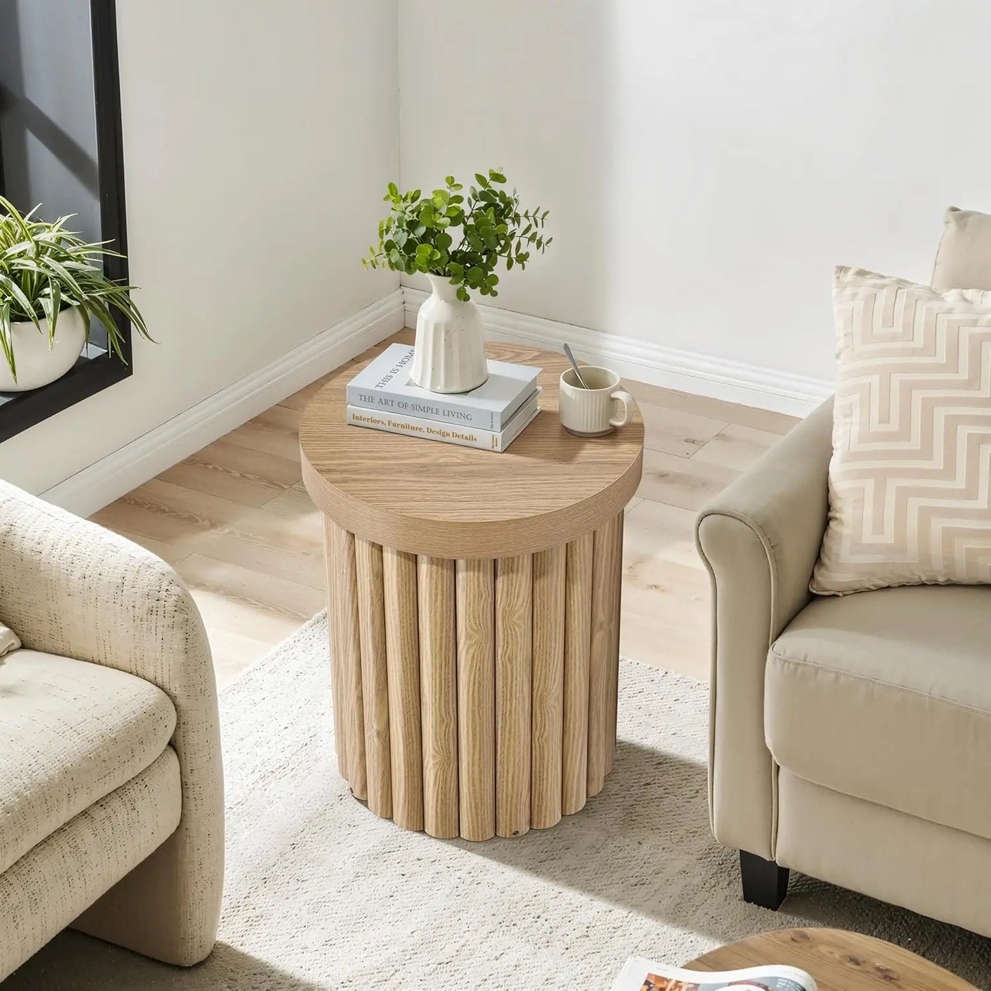 Wood Round Side Table, 19" Fluted End Table