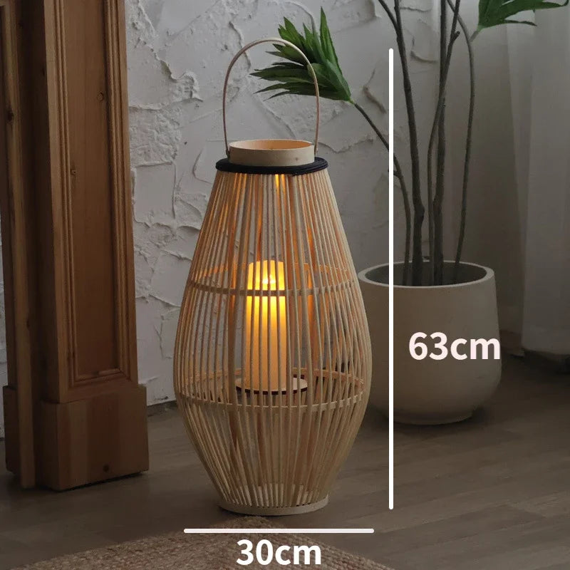 Vintage Wood Floor Candlestick Natural Bamboo Lantern