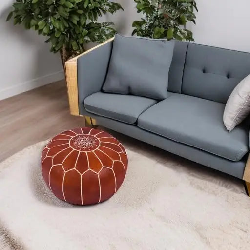 Genuine Leather Round Pouf Cover - Handmade, Unstuffed