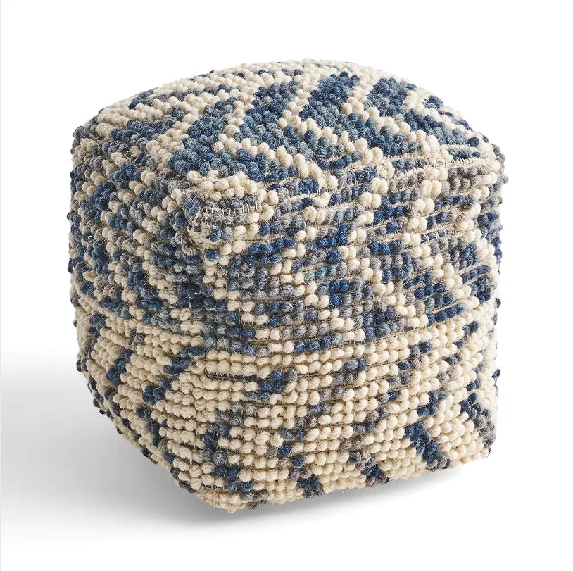 Alina Wool and Cotton Pouf Natural and Blue