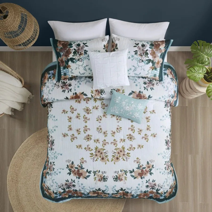 5 Piece Cn Floral Comforter Set with Throw Pillows