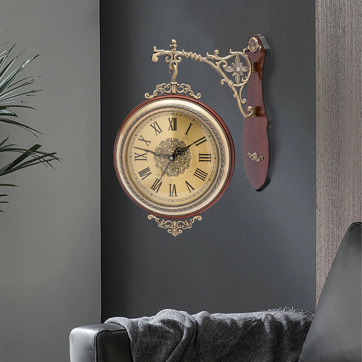 Vintage Double Sided Wall Clock Brown Round