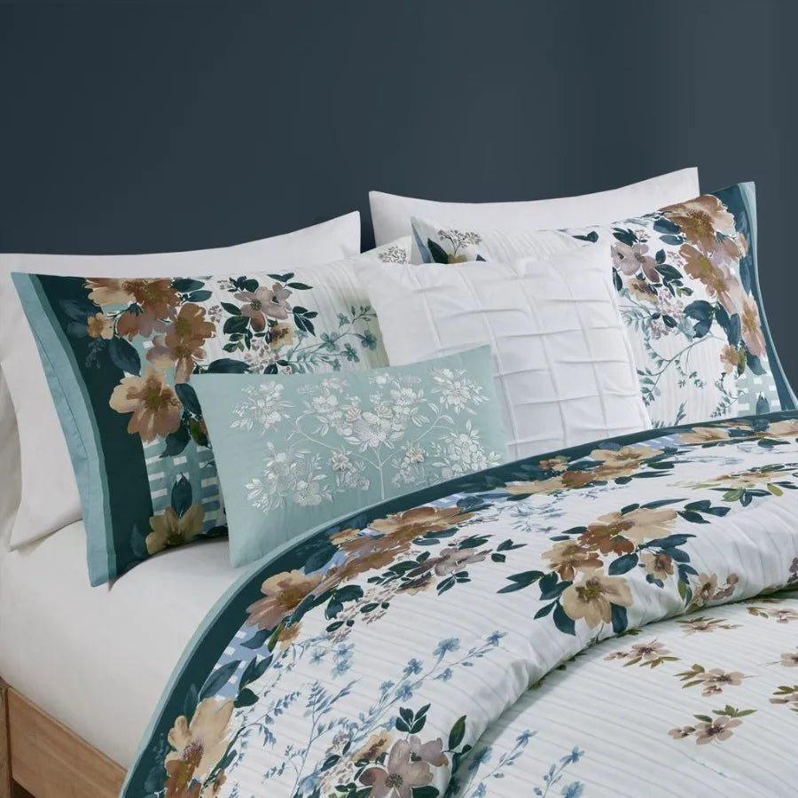 5 Piece Cn Floral Comforter Set with Throw Pillows