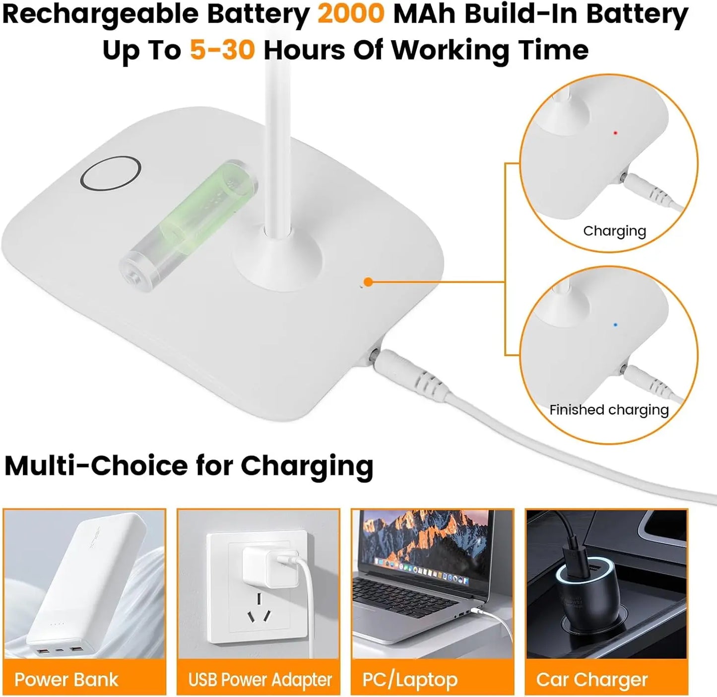 Rechargeable Touch Control Lamp, 2000mAh Built-in, Up to 30H Use,