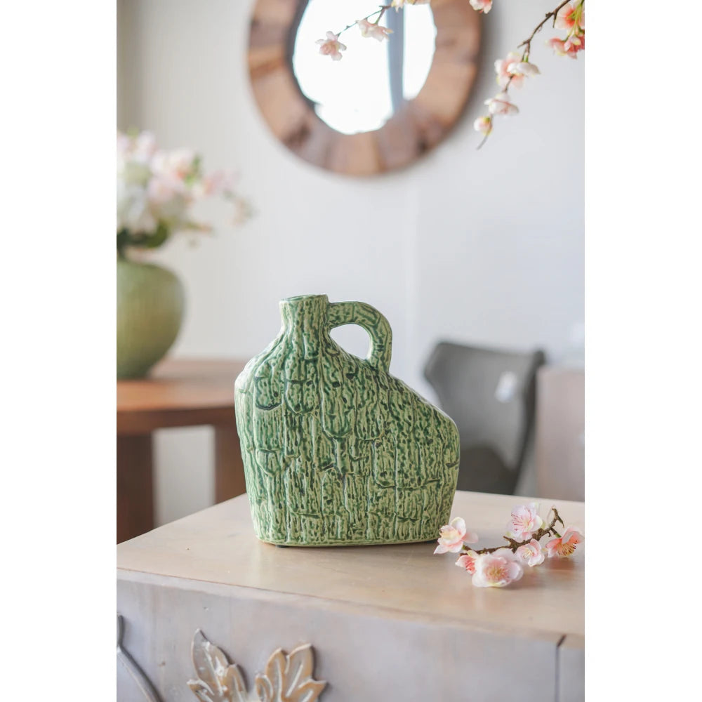 8.5x3.9x13.8" Asymmetrical Green Ceramic Vase with Handle