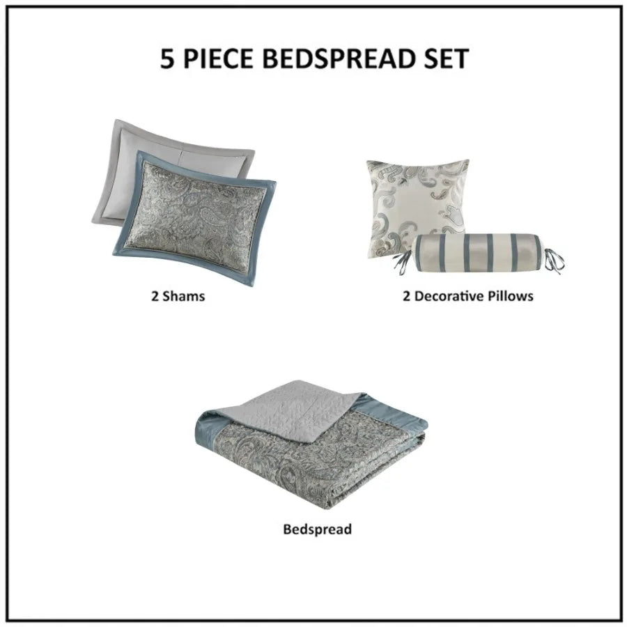 5 Piece Jacquard Bedspread Set with Throw Pillows