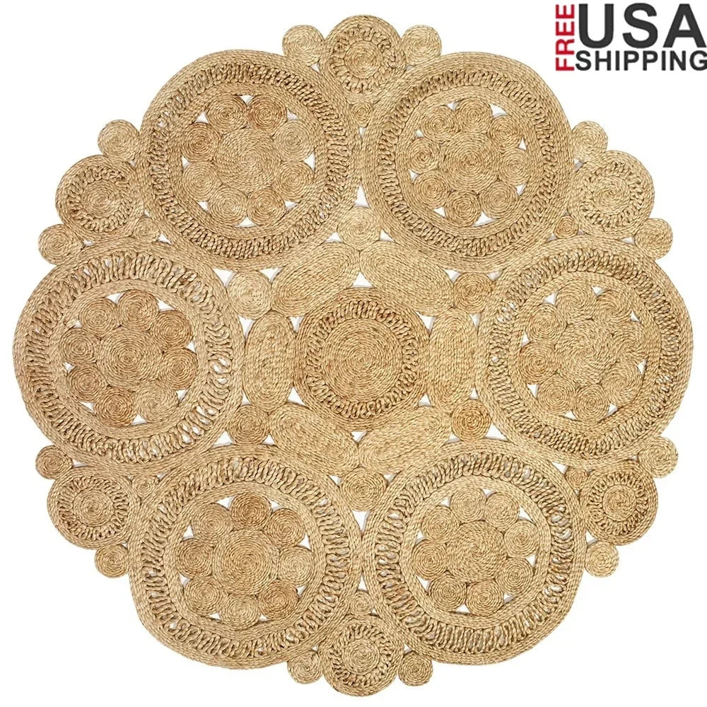 Natural Braided Jute Round Area Rug Handmade Indoor Carpet
