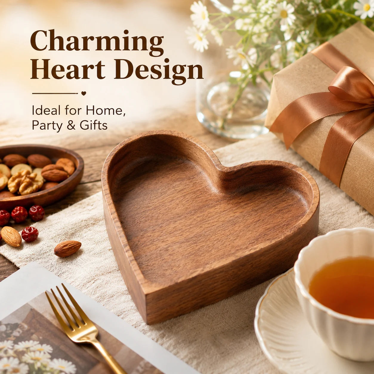 Heart Shaped Wooden Snack Tray Set Multipurpose Serving Bowl with Lid