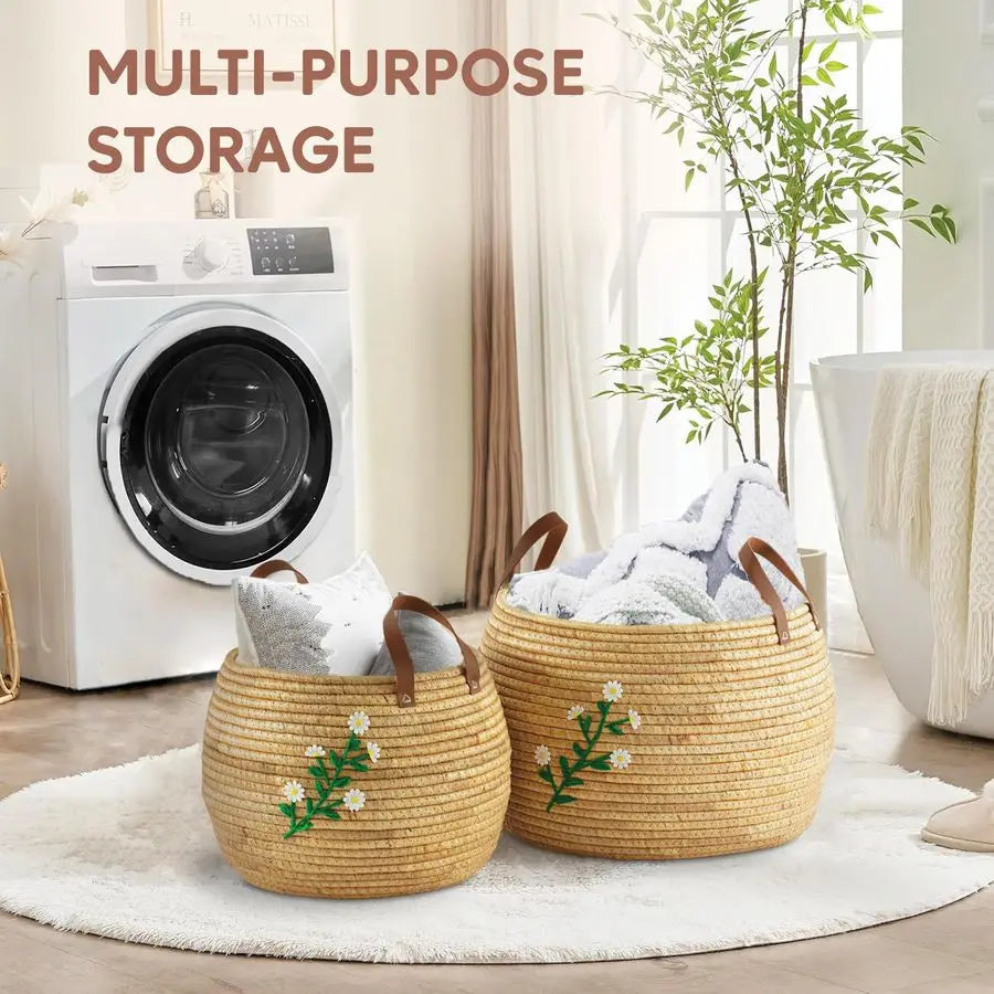 Water Hyacinth Storage Baskets Set of 2, Handwoven Round Organizers