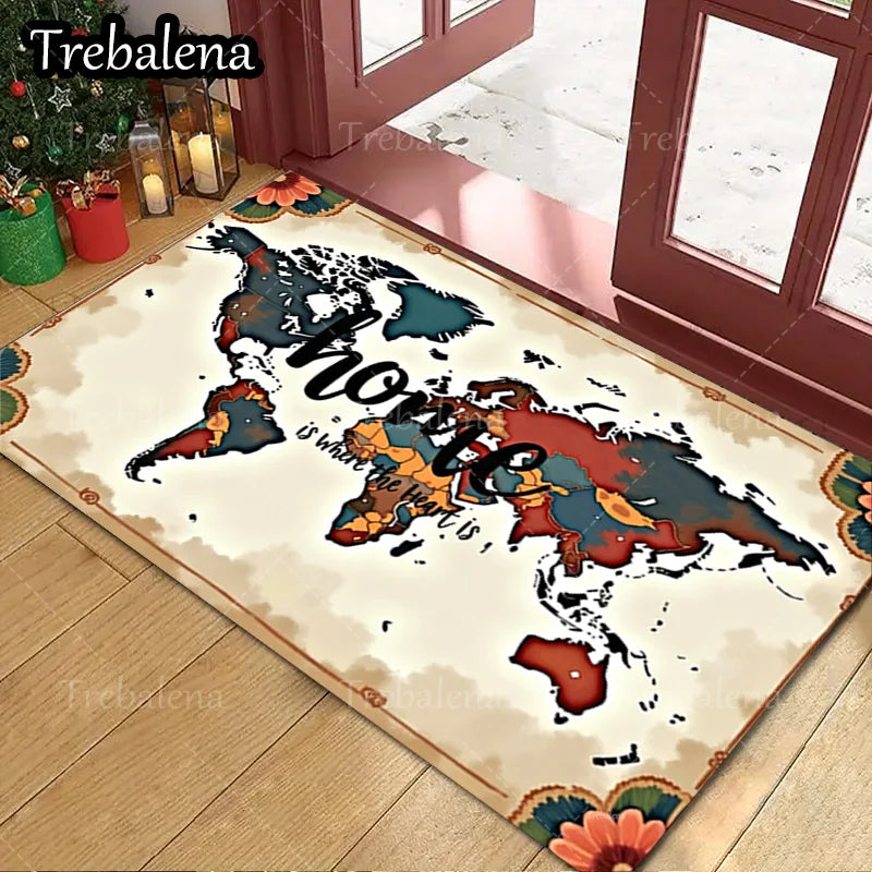 1pc Welcome Door Mat World Map Floral Border Area Rug