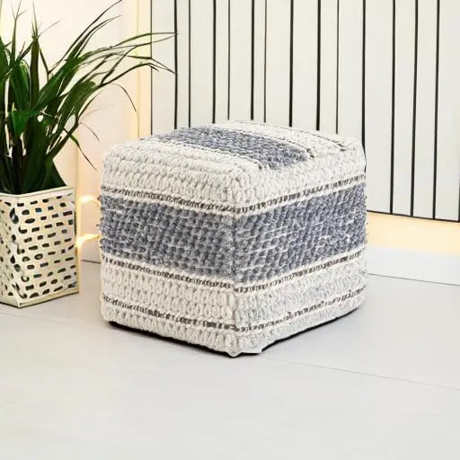 Handwoven Boho Square Pouf in Blue