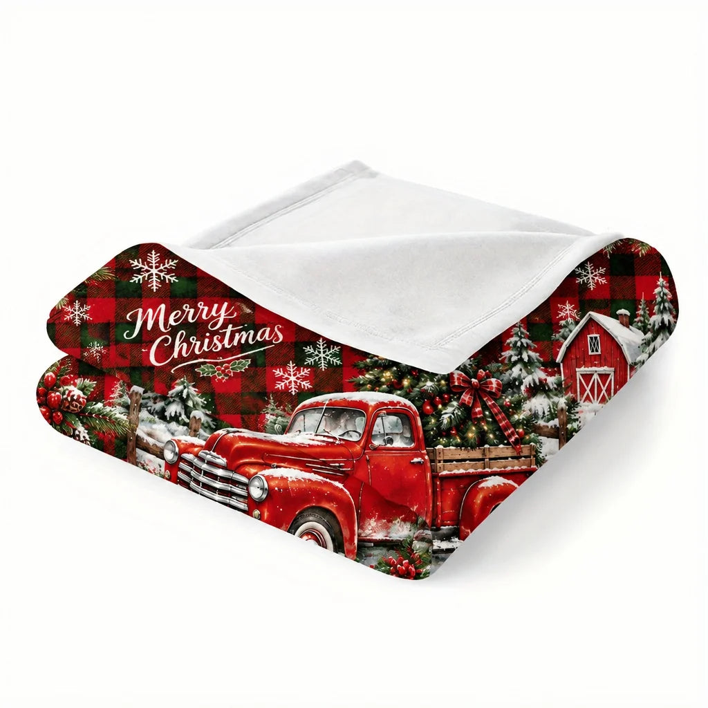 Christmas Throw Blanket with Plaid Truck & Tree Print