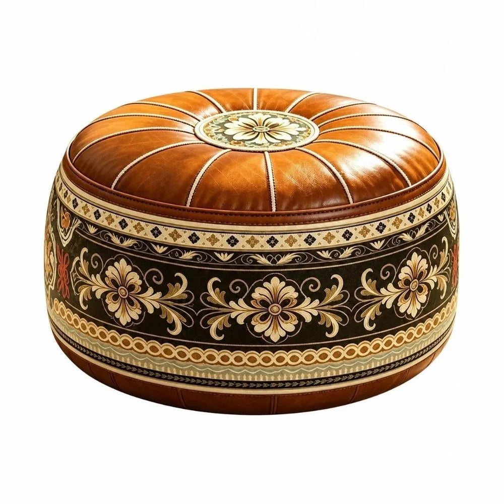 Leather Fillable Ottoman Pouf Round Shape Moroccan Style Storage