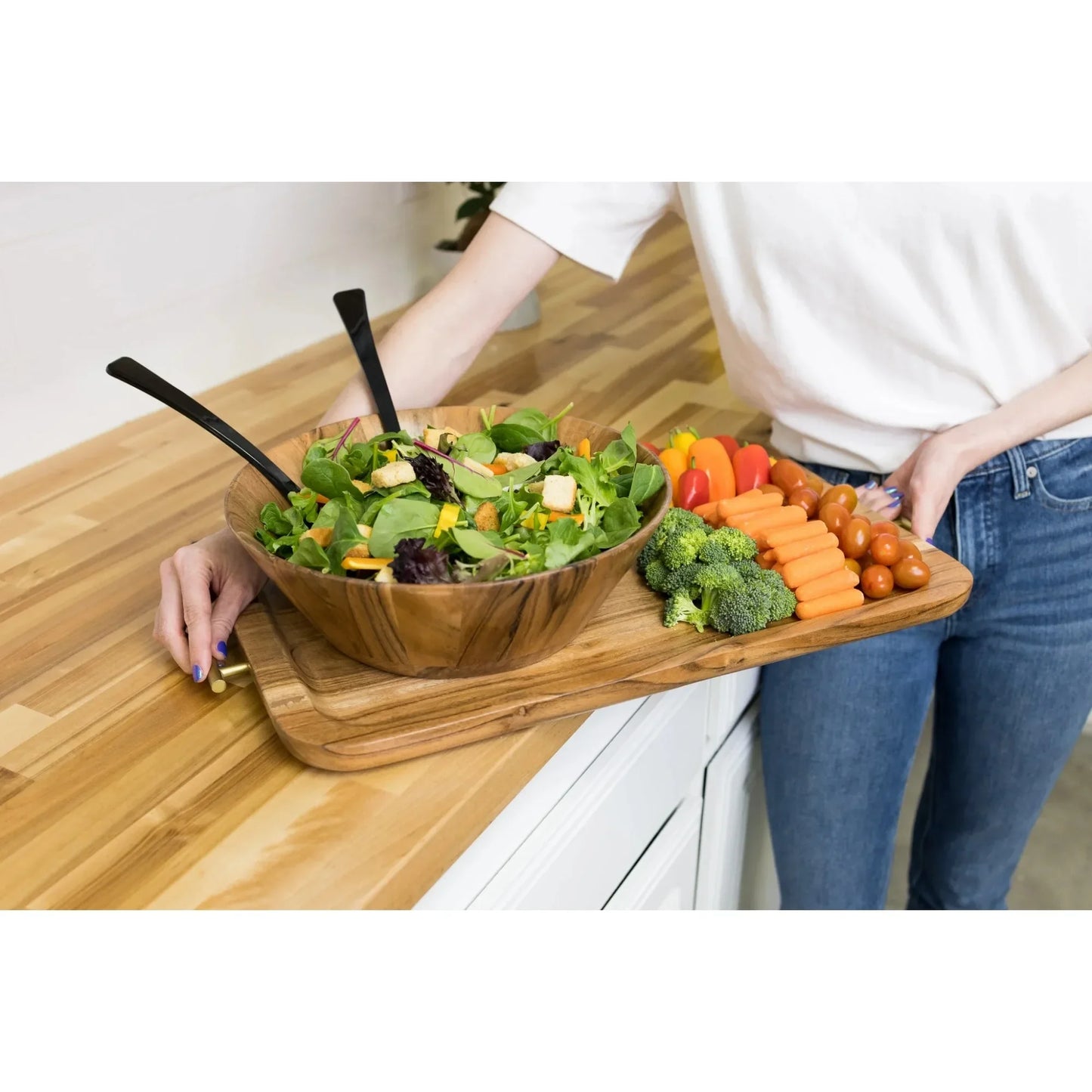 Acacia Wood Large Angled Serving Bowl - Natural Finish