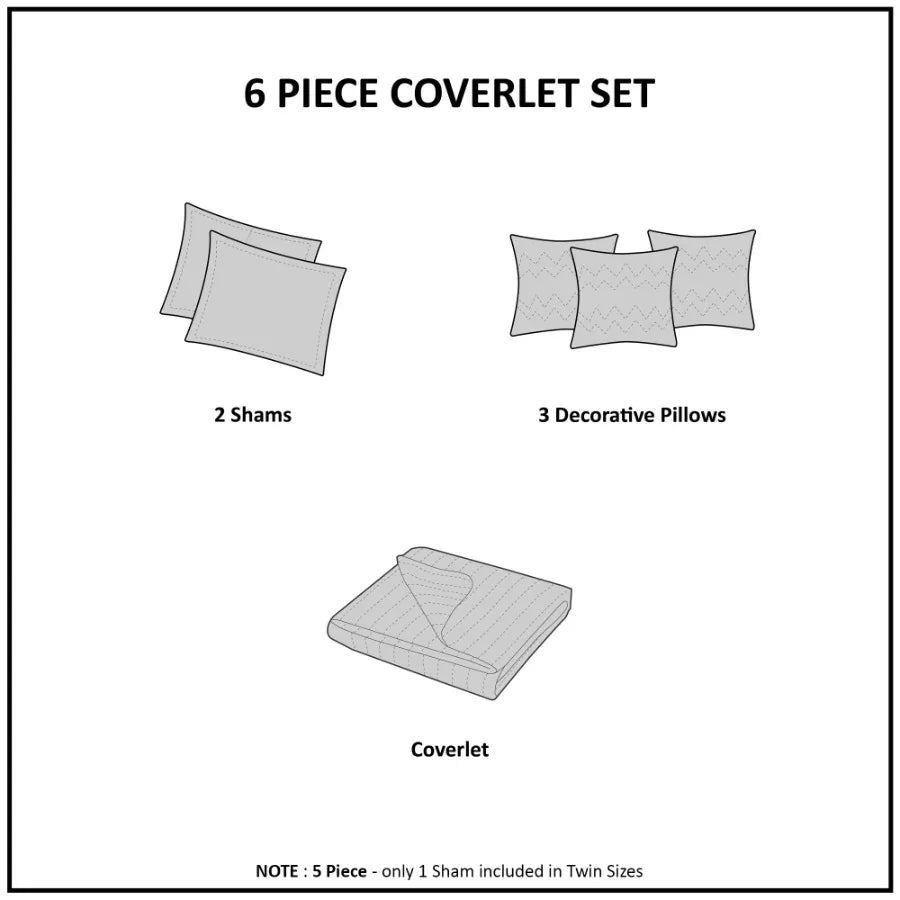 6 Piece Embroidered Quilt Set with Throw Pillows