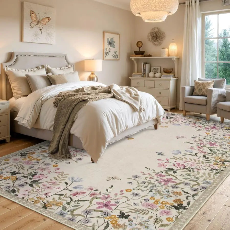 Washable 4x6 Rug for Bedroom, Floral Print Area Rug NonSlip