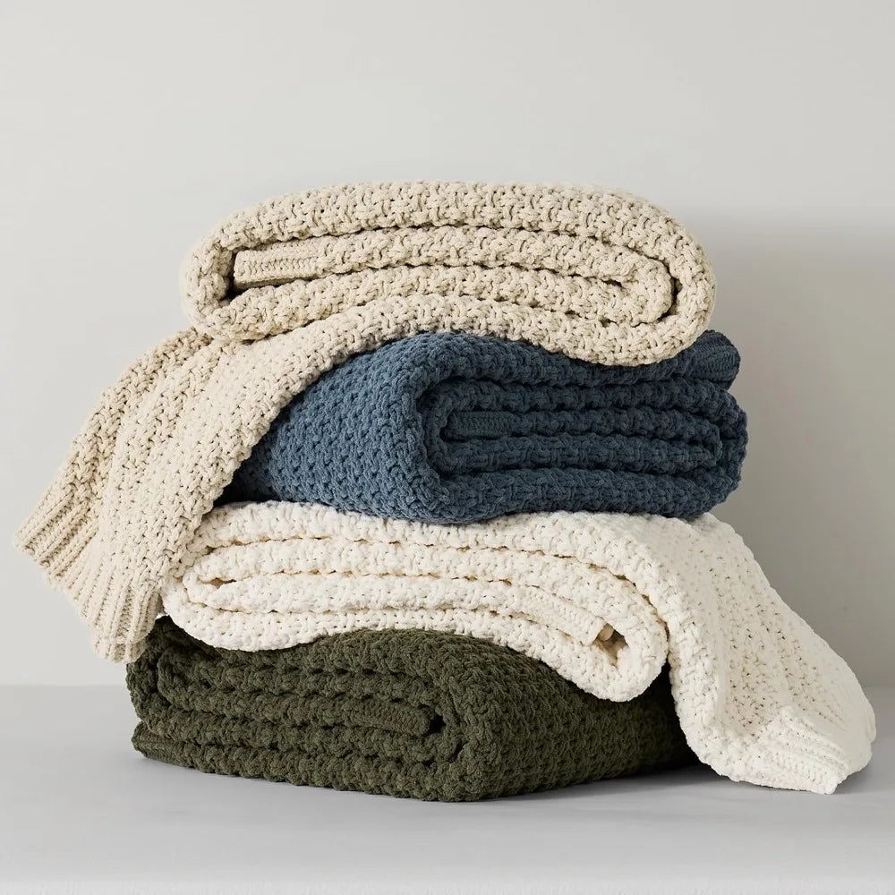 Chunky Chenille Knit Throw Blanket Soft Luxurious Moss Stitch