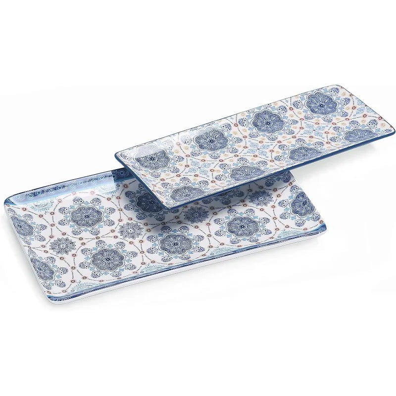 Blue Talavera Ceramic 14 inch Rectangular Serving Platter, Set of 2