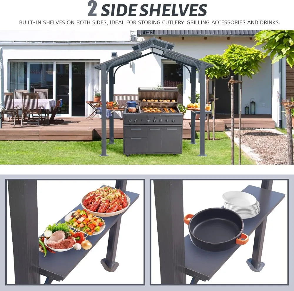 8x5FT Hardtop Grill Gazebo, Outdoor with Steel Roof, Side Shelves