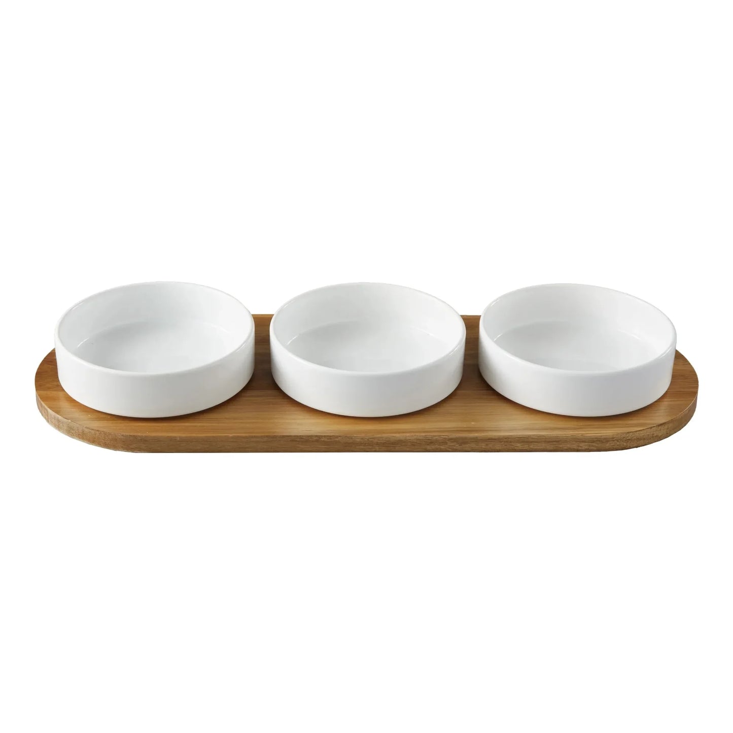 Tray - condiment bowl, white ceramic - acacia wood tray
