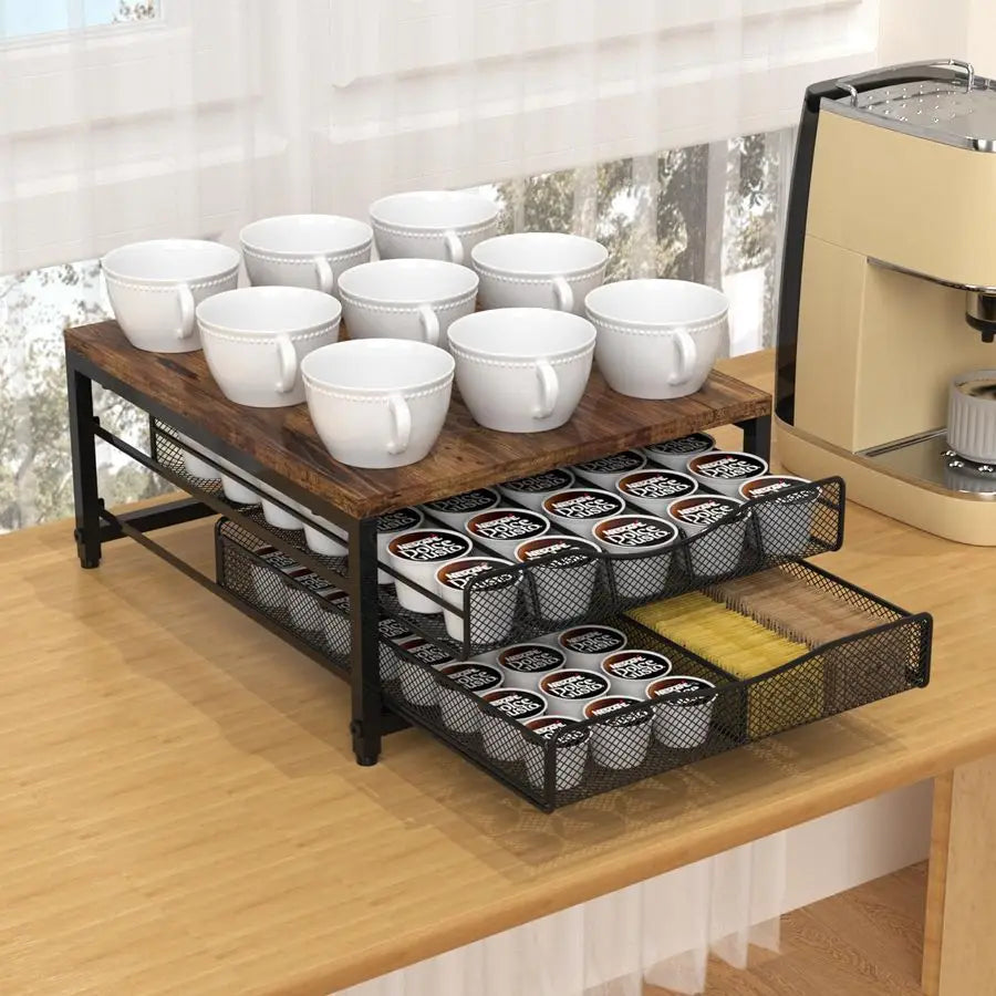 Pod Holder For Counter, Wooden K Cup Holder with Sliding Drawer