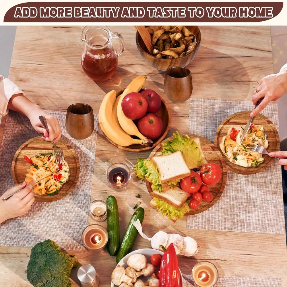 16-Piece Acacia Wood Dinnerware Set: Round Plates, Bowls & Cups