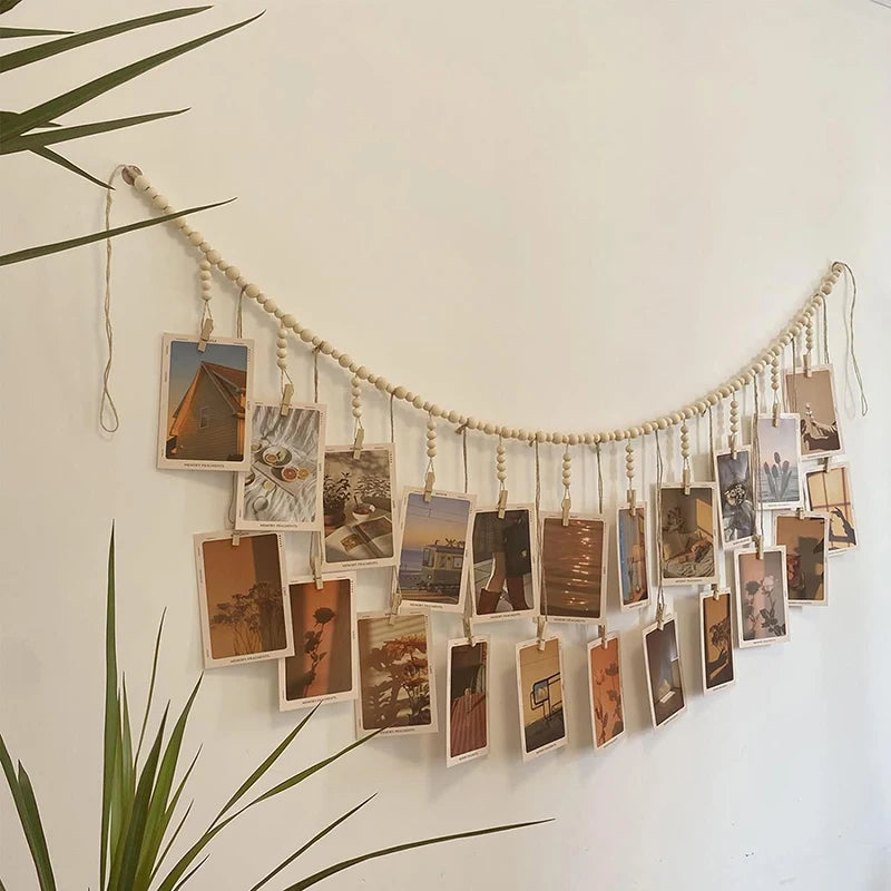 Photo Display Wall Hanging- Wooden Beads Macrame Tapestry