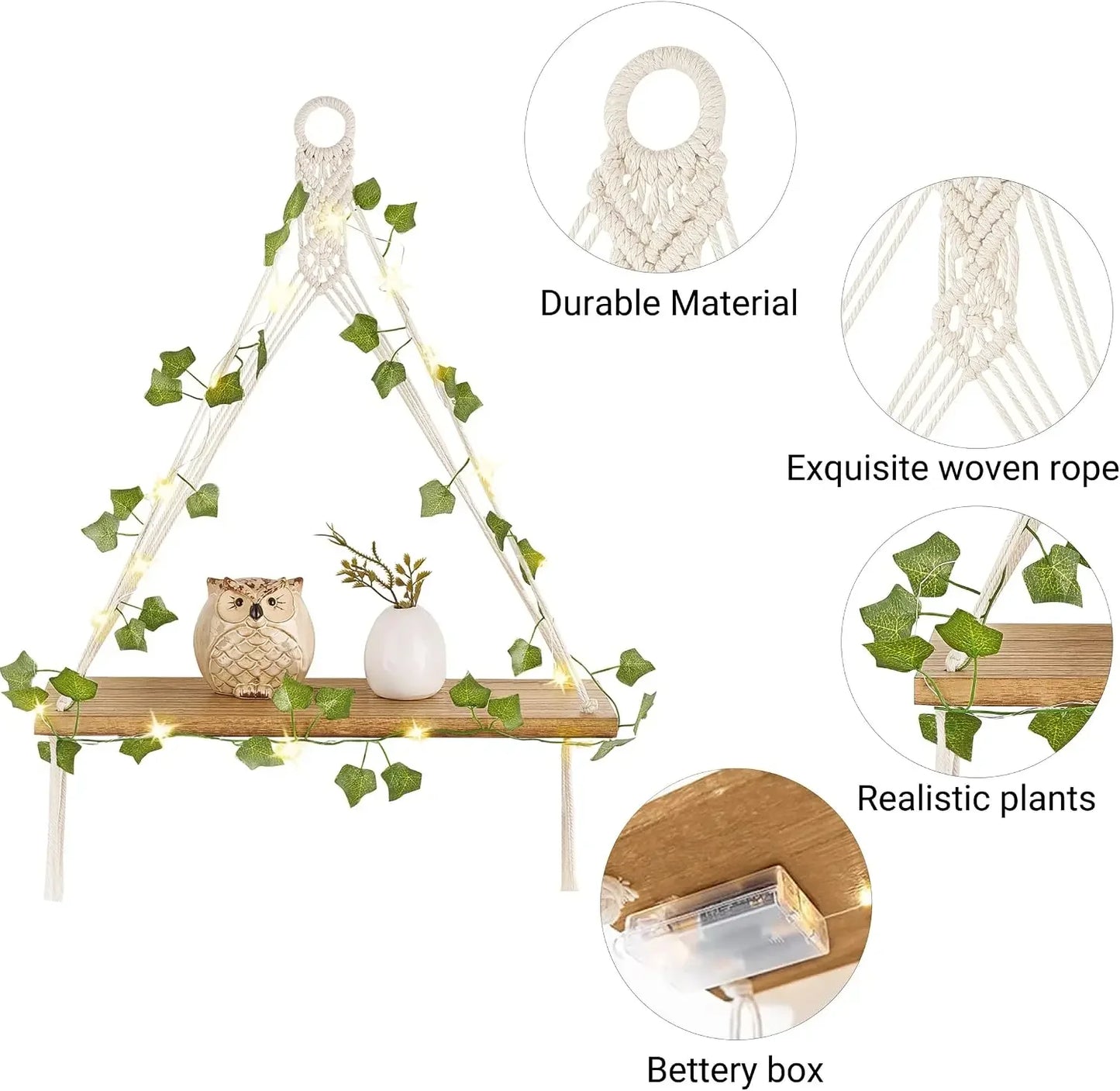 Artificial Ivy Macrame Hanging Shelves with Lights Set of 2