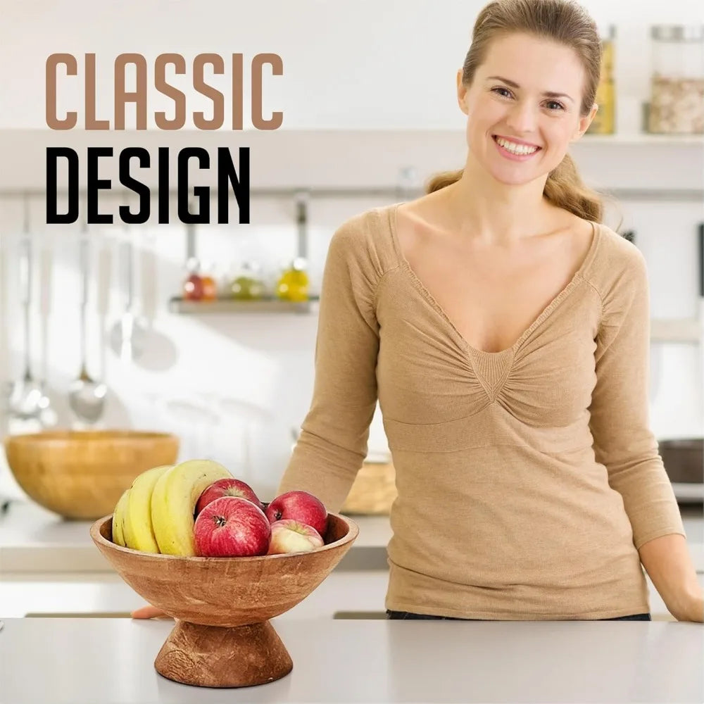 10 Inch Brown Pedestal Bowl - Wooden Fruit, Candy Holder