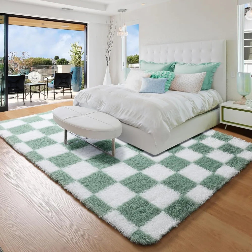 5x8 Green and White, Fluffy Furry Shaggy Fuzzy Checkered