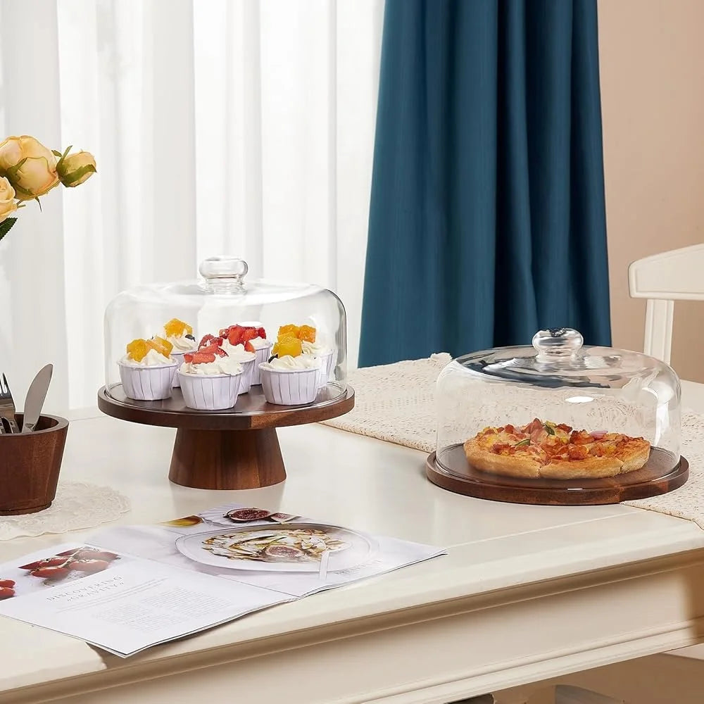 2-in-1 Wooden Glass Cake stand Dome Lid Charcuterie Board