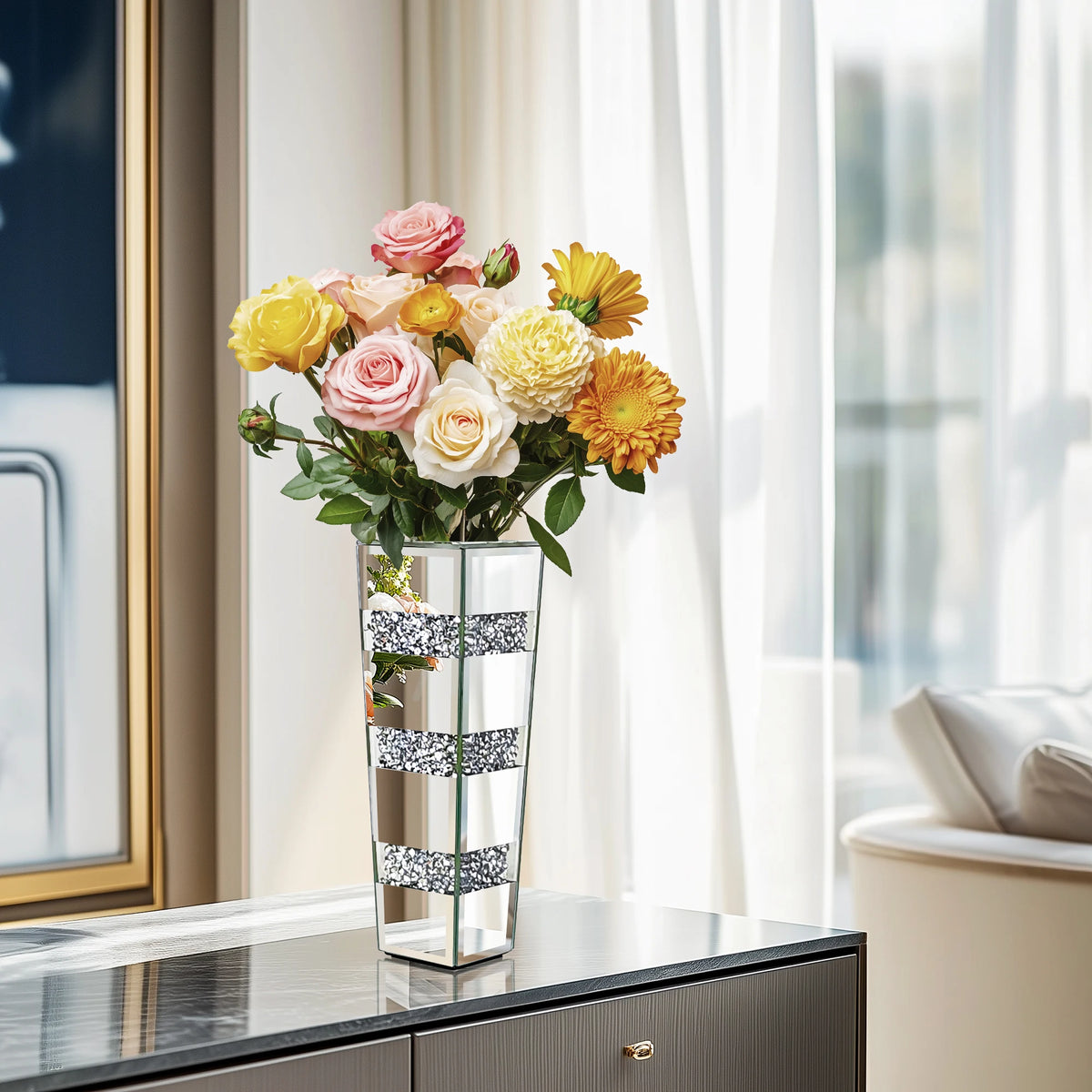 Tall Floor Mirror Vase, Large Crushed Diamond Glass Vase